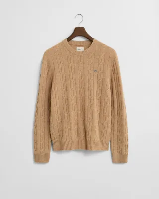 GANT - Lambswool Zopfstrick Rundhalspullover khaki melange - Gr. - XXL