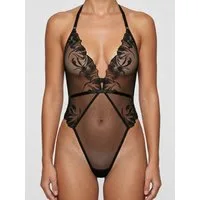 Elegant Love Stringbody Lingerie-Body, Teddy aus Mesh mit Stickerei – Sexy Reizwasche Dessous-Body: tiefer V-Ausschnitt, Stringback & High-Leg Schnitt