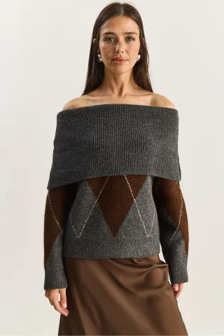 Madonna Kragen Strickpullover mit Baklava-Muster