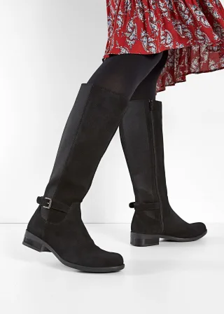 bonprix Weitschaftstiefel aus Leder, schwarz, Gr.42, Zeitloser Weitschaftstiefel aus Leder mit dekorativer Schnalle, aus Veloursleder