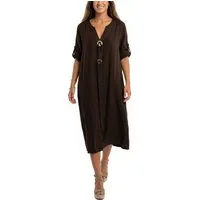 dy_mode Hemdblusenkleid Damen Leinenkleid Midi Hemdblusenkleid mit V-Ausschnitt Freizeitkleid in Unifarbe, V-Ausschnitt, mit seitlichen Eingriffstaschen