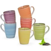 matches21 HOME & HOBBY Tasse Kaffeebecher 6er Set einfarbig modern Vintage - wie bemalt, 6-tlg., Keramik, Tee Kaffee-Becher, blau violett gelb rot orange grün, 340 ml