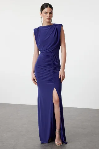 Damen Blau Unifarben Maxi Langes Abschlussball-/Abendkleid, figurbetont