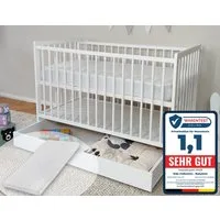 Kids Collective Babybett Kinderbett Gitterbett 60x120 cm Set mit Matratze & Schublade, höhenverstellbarer Lattenrost & abnehmbare Sprossen, weiß, Vollholz