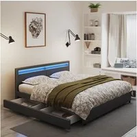 HOME DELUXE Kunstlederbett LED Bett mit Schubladen - 200 x 200 cm / 270 x 200 cm (inkl. Schubladen), gepolstertes Kopfteil, LED Beleuchtung, Familienbett, Stauraumbett
