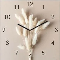 Levandeo® Wanduhr (Wanduhr 30x30cm Glasuhr Pampasgras Glasbild Uhr Wanddeko Wandbild)