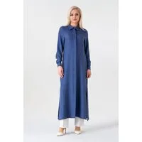 fashionshowcase Longtunika Damen lange Tunika verdeckte Knopfleiste Modest elastisch elegant minimalistischer Look, fließender Fall, ideal für Modest Outfits