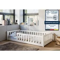 Kids Collective Kinderbett Bodenbett Bett mit Rausfallschutz & Lattenrost Montessori Bett Kinder (Jungen, Mädchen, Kinder, weitere Größen 80x160, 120x200, 140x200 cm), Jugendbett Einzelbett optional mit Matratze, weiß Kiefer 90 x 200 cm