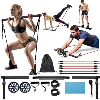 [EU Direct] Bominfit Portable Pilates Bar Stick with Resistance Band Home Gym Muscle Toning Bar Fitness Stretching Sport
