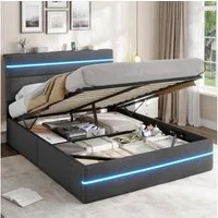 MSMASK Polsterbett mit Hydraulischem Stauraum, LED-Kopfteil & Ladestation (Ohne Matratze), Doppelbett, Jugendbett mit Lattenrost 140x200cm