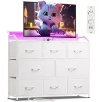 WLIVE Kommode mit 8 Stoffschubladen, LED-Beleuchtung und Ladestation (Aufbewahrungsschrank mit Holzplatte und Metallgestell, Aufbewahrungsschrank mit Holzplatte und Metallgestell), Schlafzimmerkommode für Wohnzimmer, Flur und Schlafzimmer