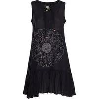 Vishes Tunikakleid Damen Hängerkleid Baumwolle Blumen Lagenlook mit Schnüren Holzperlen Alternative Bekleidung, Ethno, Hippie, Retro Style