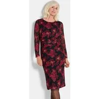 GOLDNER Abendkleid Printkleid mit Blumenmuster Stretchkleid mit U-Boot-Ausschnitt, Knielänge und Langarm