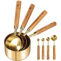 LAPAPRO Messlöffel Messbecher und Messlöffel, 8 Stück Edelstahl Messbecher Set, (SET, 4 Messbecher, 4 Messlöffel), Holzgriff mit Maßangaben, hochwertiger Edelstahl, goldpoliertes Finish