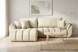 Ecksofa Schlafsofa Sofa COLLIN in Stoff Monolith Ecru Ottomane Links