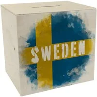 speecheese Spardose Spardose aus Holz mit Schweden Flagge im Used Look Sparschwein für