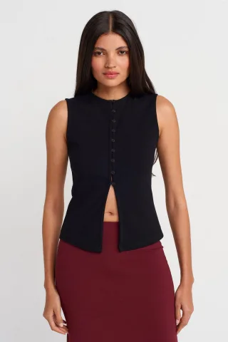 Rippenshirt Ärmellose Knopfleiste Bluse