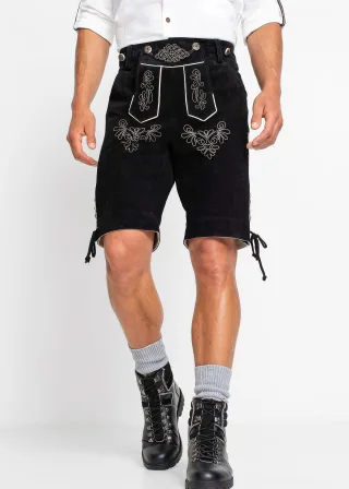 bonprix Regular Fit Trachtenhose aus Leder, schwarz, Gr.56, Kurze Lederhose mit abknöpfbarem Latz und trachtentypischen Verzierungen, aus Glattleder