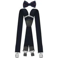 Fabio Farini Hosenträger Herren Hosenträger Pack 4cm X-Form mit passender Fliege Set Dunkelblau 4cm Hosenträger - Dunkelblau/Rot Gestreifte Fliege