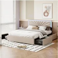 ADWOLT Polsterbett LED-Beleuchtung Doppelbett Stauraumbett (mit Lattenrost, 1-tlg., 4 Schubladen), 160x200cm,Kopfteil mit Lichtleiste,Leinen,Beige