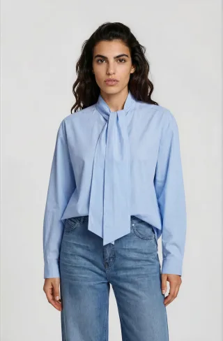 Milano Italy - shirt blouse 1/1 sleeve with bow tie collar light blue print - Gr. - 44