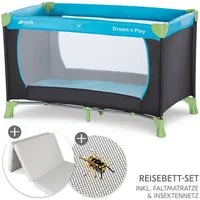 Hauck Baby-Reisebett Dream N Play Set - Waterblue, Kinder Babyreisebett mit Matratze, Insektenschutz & Tasche - faltbar