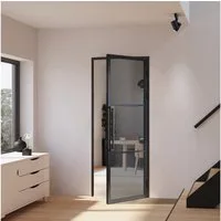 inova wohnen Zimmertür Loft-Glastür mit Stahlrahmen, Komplettset, 3-Felder, Grauglas, 834x1972 mm, Türzarge und Stabgriff in Schwarz, DIN rechts