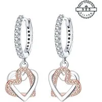 Taffstyle Paar Creolen Herz Creolen 925 Silber Damen Kristall Ohrringe mit Herzen Rosegold (Elegante Creolen mit Doppelherz Anhänger in Silber & Roségold – funkelnd und stilvoll)