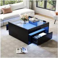 Merax Couchtisch hochglanz Sofatisch Beistelltisch mit LED-Beleuchtung (1-St., ideal für kleine Wohnzimmer), Wohnzimmertisch mit 2 Schubladen & gehärteter Glasplatte, 70x70x35cm