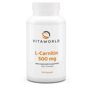 Vitaworld L-Carnitin 500 mg | 100 Kapseln | hochreines Carnipure® mit hoher Bioverfügbarkeit | 100% natürlich | vegan