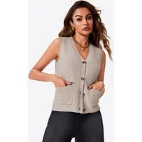 Imily Bela Strickweste Damen Ärmellos mit V-Ausschnitt Knopfleiste und Taschen (Packung, 1-tlg., 1per-Pack) in Unifarbe gehäkelt
