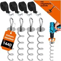 NewHabitat Bodenanker Erdanker zum Eindrehen für Trampolin, Schaukel, etc inkl. Gurte, für Trampolin, Schaukel, Pavillion, Festzelt uvm., zum Eindrehen, (Kompletteset, 4-St., inkl. Drehhilfe), Einfaches Eindrehen mit Akkuschrauber & 14-er Nuss