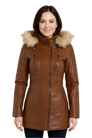 Damen Hellbraun Damen Hellbraun Braun Gesteppte Lederparkajacke-Bowen