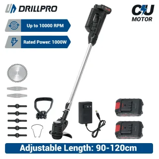 Drillpro 18V Cordless Electric Grass Trimmer 1000W Adjustable Length 90-120cm 2 Batteries Compatible with Makita Lightwe