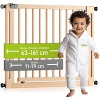 BOMI Türschutzgitter Treppenschutzgitter ohne Bohren, Babygitter aus Holz, Miko 63-161 cm (verschiedene Größen, klemm- & verschraubbar), sichere 2-Wege-Öffnung, flexibles & geprüftes Kindergitter, Natur