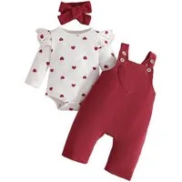 Lapastyle Overall Baby Mädchen bedruckte Langarmbody, Cord-Latzhose und Stirnband (Set, 3-tlg) Lässiger Anzug im Colorblocking Stil, geeignet für Frühling und Herbst