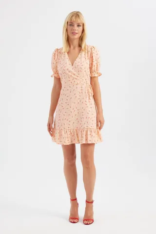 Blumiges V-Ausschnitt Rüschenshirt-Kleid mit kurzen Ärmeln