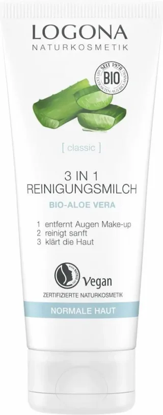 Logona Classic 3 in 1 Reinigungsmilch Bio-Aloe Vera | 100 ml | für Gesicht & Augen | vegan