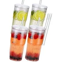 Bossjoy Cocktailglas 4er Trinkbecher Set 650ml Transparent mit Deckel & Strohhalm, Glas, Hitze- & kältebeständig, spülmaschinengeeignet