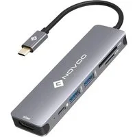 NOVOO 6 in 1 Adapter für technische Geräte, Anschlusserweiterung für den PC USB-Adapter USB-C zu HDMI, USB 3.0 Typ A, USB-C PD, SD Kartenleser, TF Kartenleser, Kompatibel mit Windows Laptop, Tablet, MacBook & Ipad
