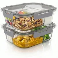 Arendo Frischhaltedose 2er Set Glas Vorratsdosen, 3 Fächer, Lunchboxen, auslaufsicher, Deckel, Borosilikatglas, (Set, 2-tlg., mit 3 Fächern), Mikrowellen, Ofen, Gefrier & spülmaschinengeeignet, Bento, Meal Prep