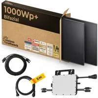 Kleines Kraftwerk Balkonkraftwerk, 1000 W, Monokristallin, (ohne Halterung, Solaranlage Komplettset mit Wechselrichter), 2 x 500W, Wechselrichter, Stromanschlusskabel, Solarverlängerungskabel