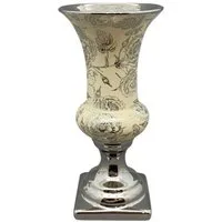 Exner GmbH Garten- & Wohnaccessoires Dekovase Vase Pokal Silber Beige Rosenmotiv Barockstil Antik Keramik 30 cm (1 St), Auf Sockel