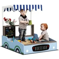 AIYAPLAY Sandkasten Sandkiste mit Vordach, Sitzbank, Zeichentafel, Pflanzkästen, (Einkaufsladen-Design, 1-tlg., für 2 Kinder im Alter von 3-7 Jahren), Tannenholz, Blau