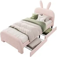 Flieks Polsterbett, Kinderbett Einzelbett 90x200cm, Kaninchenform Kopfteil, 2 Schubladen