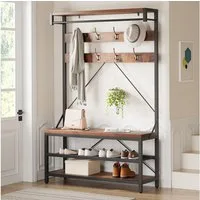 GarveeMore Garderobenständer 4-in-1 mit Sitzbank,3 Etagen Ablage und 8 Haken,183cm, mit Schuhbank,verstellbare Füße,Kleiderstange,101x40x183cm