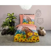 good morning Kinderbettwäsche Beauty Horse Sunflower, Renforcé, 2 teilig, Baumwolle, 135x200, Reißverschluss, Wendeoptik, Kind, Mädchen, Pferd