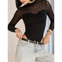 Elegant Love Langarmbody Damen-Bodysuit aus Netzstoff mit Wabenmuster – Netzbody Transparenter Body – Party-Oberteil mit Stehkragen