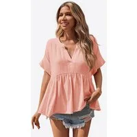 Imily Bela Rüschenbluse Damen V-Ausschnitt geraffter Saum Lässig Sommer Oberteil aus Baumwolle (Packung, 1-tlg., 1per-Pack) Kurzarm in Unifarbe
