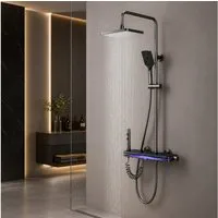 LuxaSteel Duscharmatur Duschsystem Regendusche LED Thermostat 4in1 (Komplettset inklusive Regendusche, Handbrause und Thermostatarmatur, Komplettset inklusive Regendusche, Handbrause und Thermostatarmatur) LED, Display, Wasserfall, Thermostat & prakt